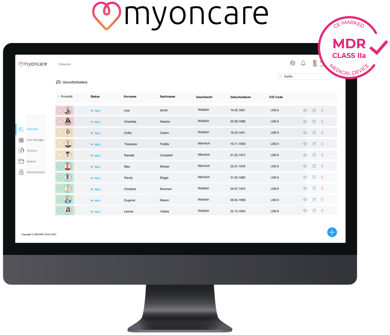 Bild mit Beschreibung von myoncare und Screenshot; externer Link auf myoncare-Website.